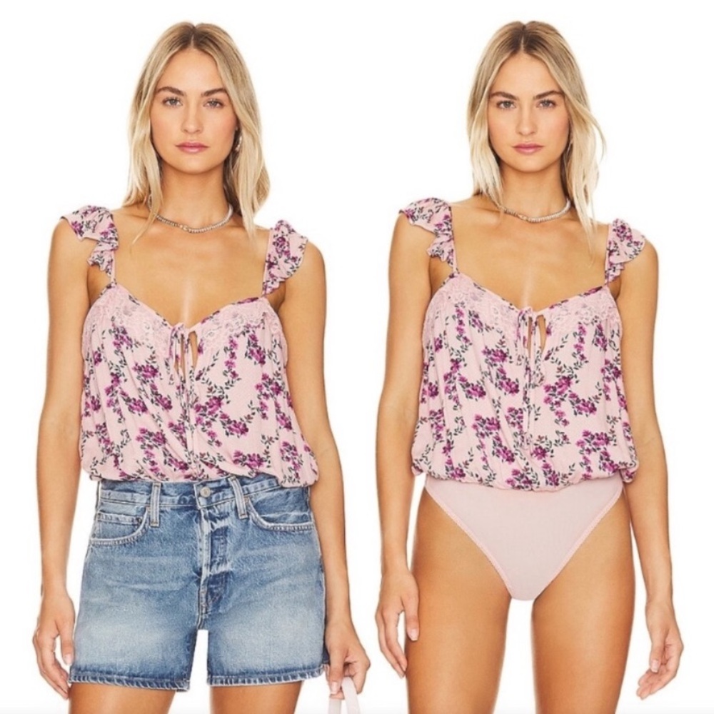 Free People Take It Away Thong Bodysuit Pink Floral Combo Size Large NWOT